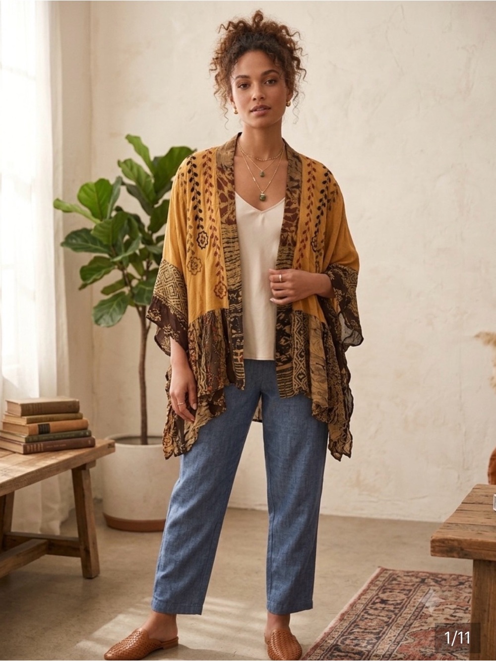 YOUNG THREADS NWT KIMONO mustard Mixed Design
